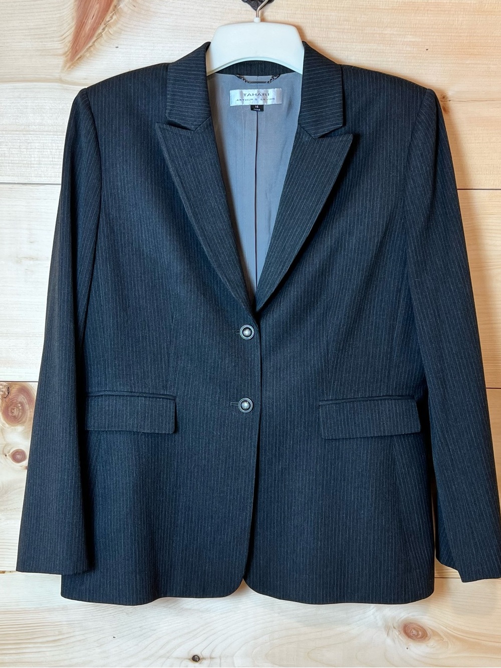 Tahari ASL Women's Charcoal Pinstripe Blazer - Corporate Chic Dark Academia